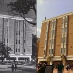 A black and white photograph of Greenlaw Hall shortly after its construction juxtaposed with a color photograph of Greenlaw Hall today