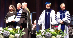 Photographs of Jill C. McCorkle and Robert D. Newman receiving their Distinguished Alumni honors